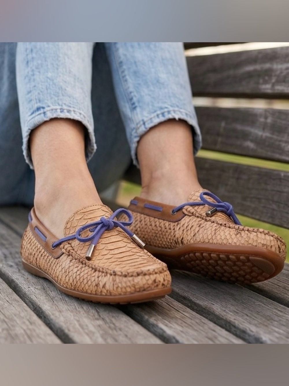 Diane B. Mikano Italian Tan Snake Print Leather Driving Loafers Size 37 (US 7)